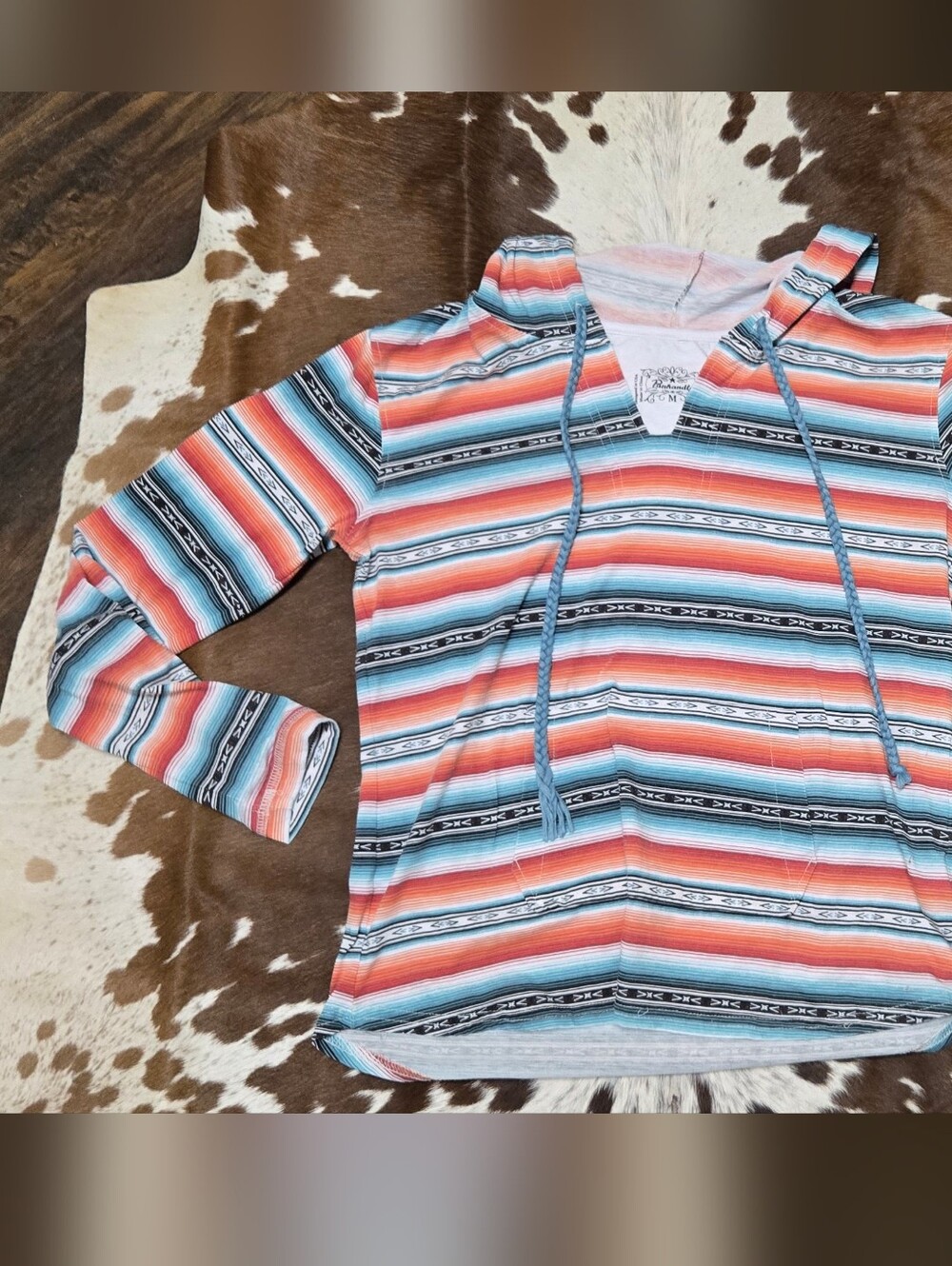 Panhandle Serape-Style Aztec Light Weight Pullover Hoodie in Coral & Teal